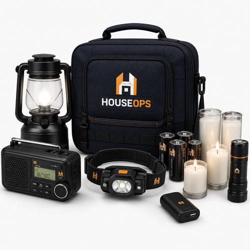 HouseOps Blackout Kit with lantern, emergency radio, headlamp, batteries and backup power