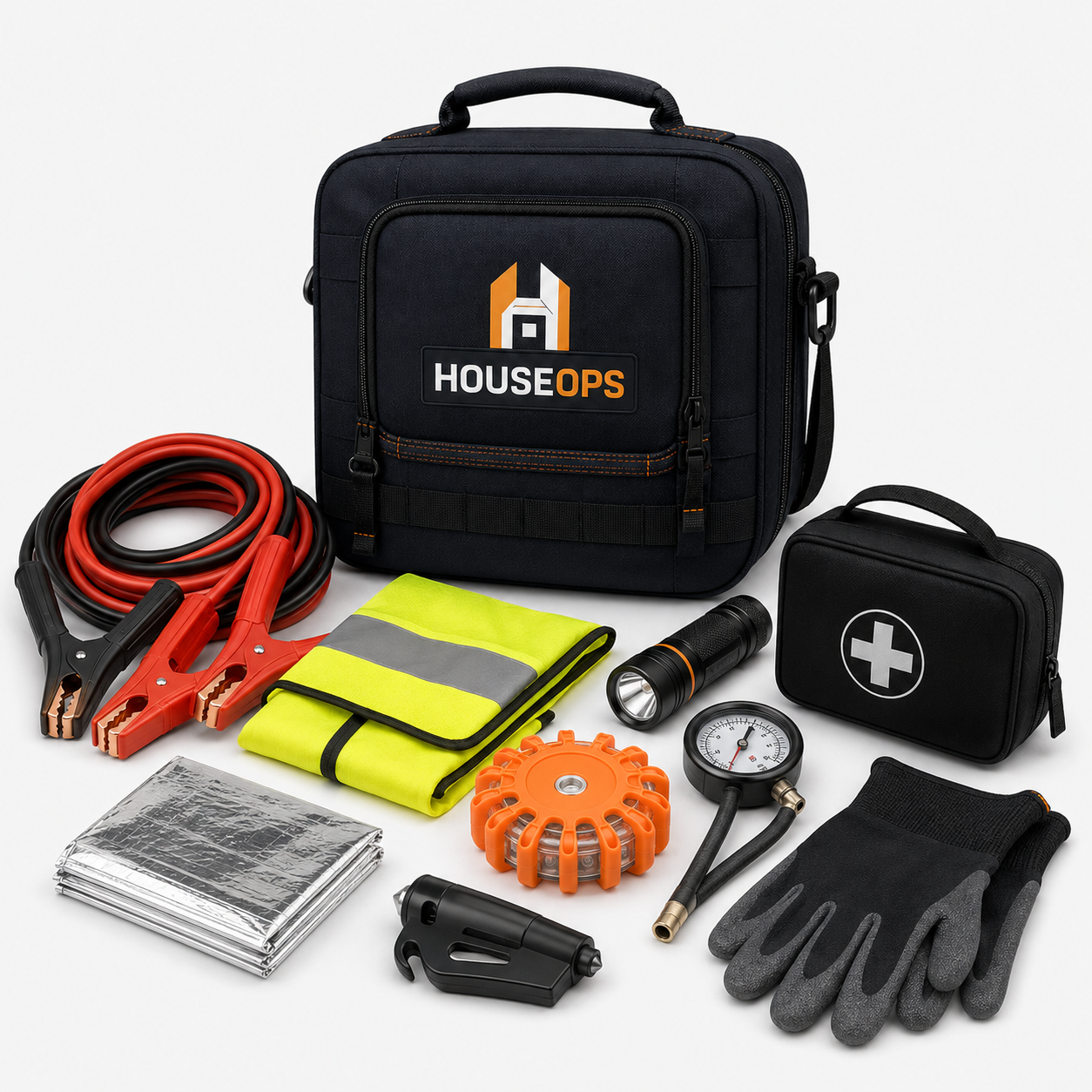 HouseOps Vehicle Ready Kit with jumper cables, safety vest, flashlight and roadside supplies
